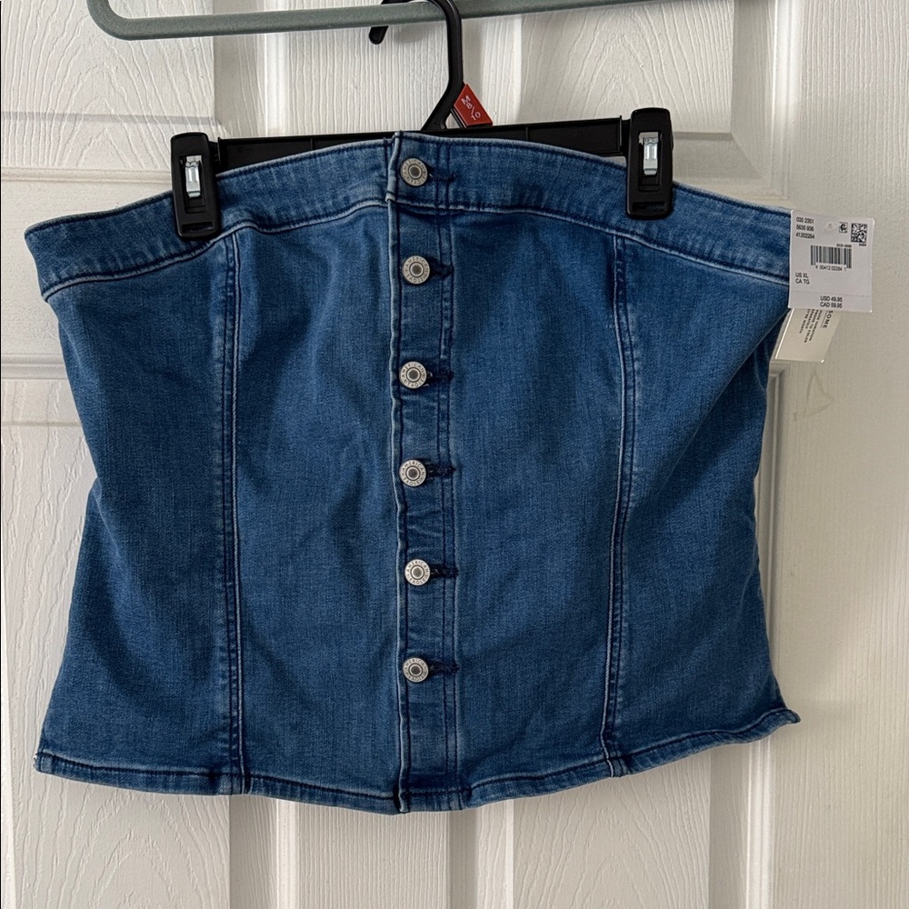 American Eagle Outfitters Denim Blue Button-Front Strapless Crop Top